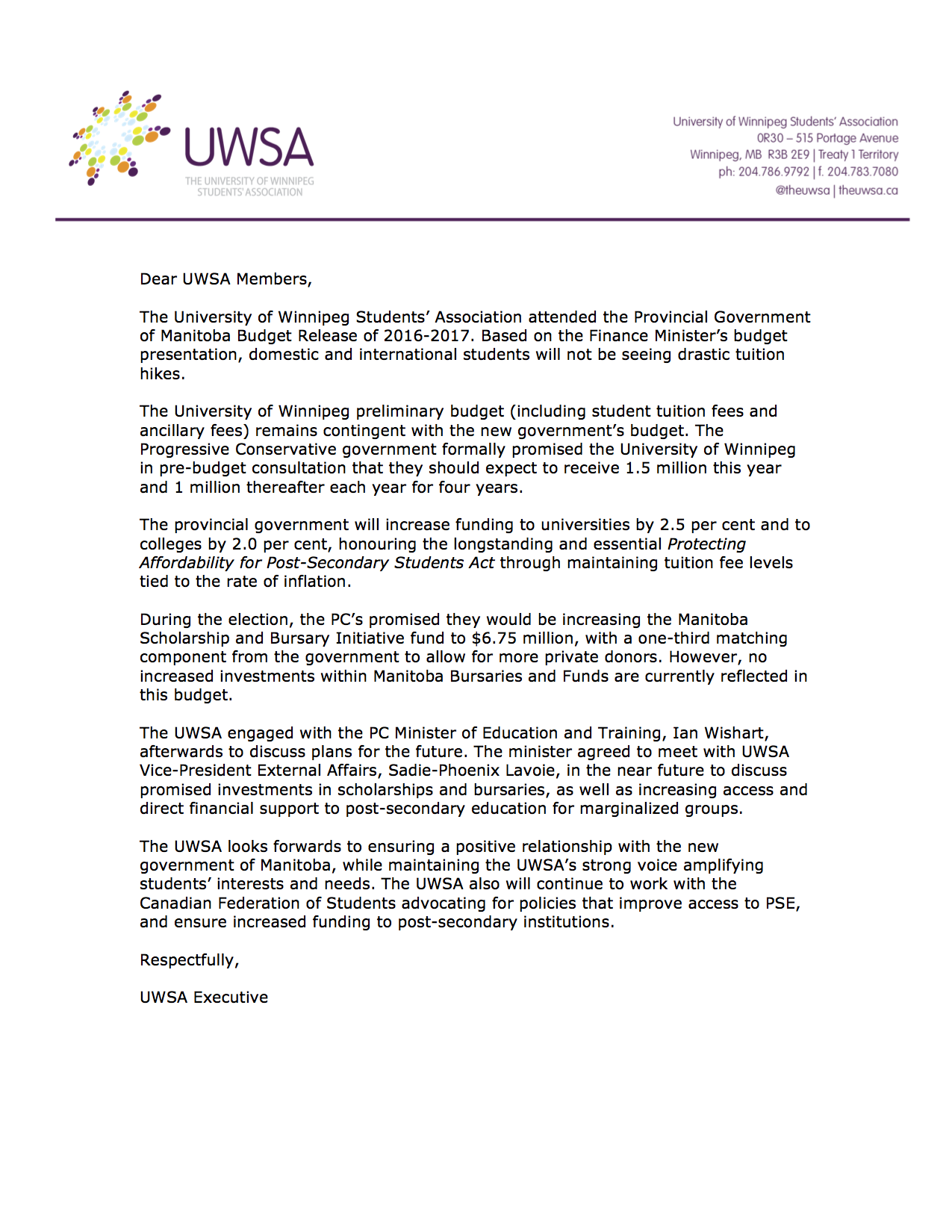 UWSA Budget Members Statement