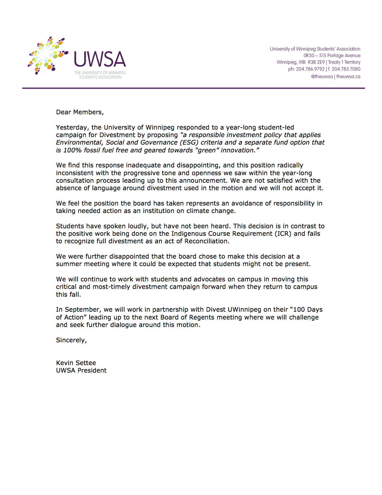 UWSA Member Statement