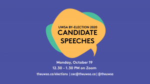 Blue background with yellow speech bubble. Text announces UWSA By-Election Candidate Speeches on October 19, 2020 from 12.30 PM via Zoom