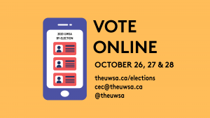 Yellow Background. Graphic of a cellphone with a mock voting screen. Text says - Vote online. October 26, 27, and 28 and links to UWSA website and social media